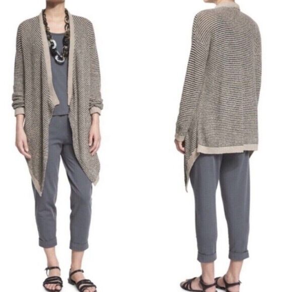 Eileen Fisher Boucle Stripe Cascading Open Front Cardigan  Women Size L Gray/Tan - Picture 11 of 12